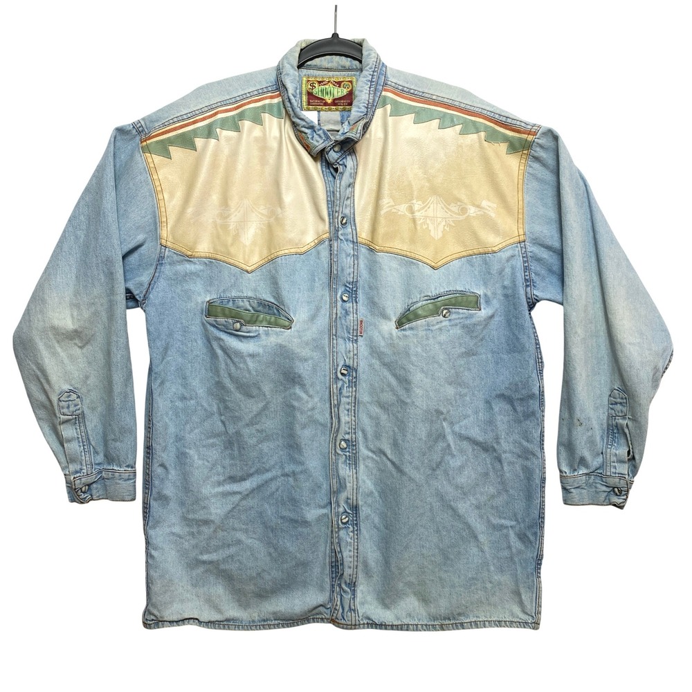 Shooter Western Denim Shirt XL Blue Leather Yoke Southwest Button Up